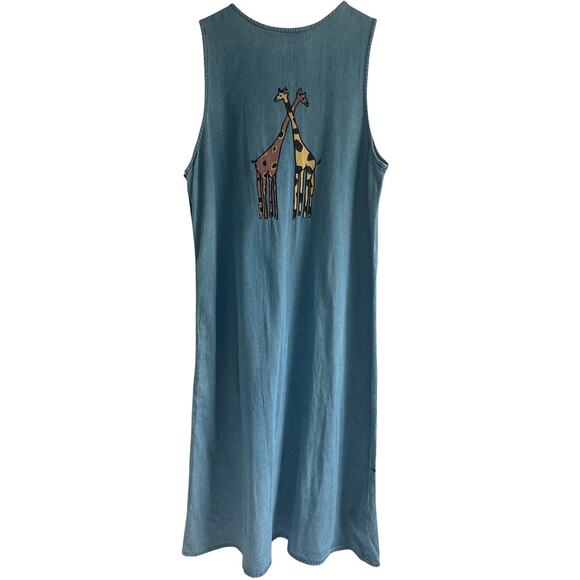 Vintage Bedford Fair Size Large 100% Cotton Giraffe‎ Denim Chambray Maxi Dress - Picture 2 of 6